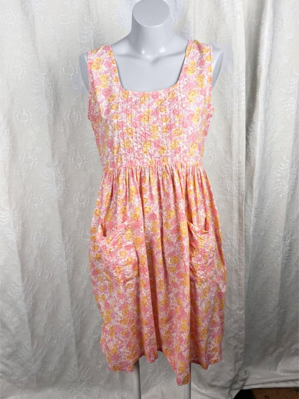 April Cornell vintage pintucked cotton sundress pink yellow floral cottagecore M